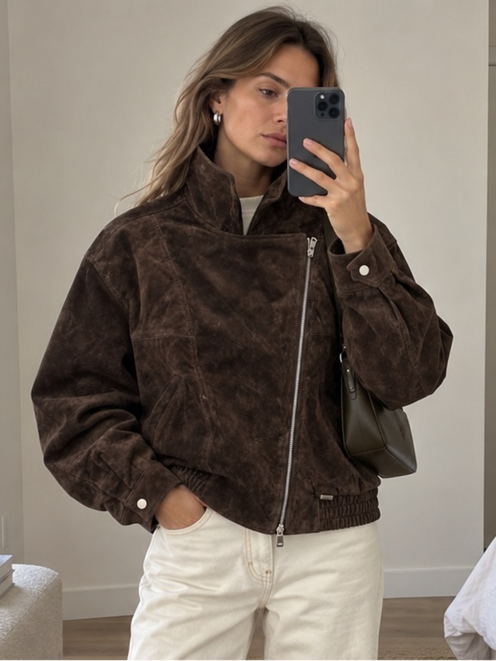 Avec Les Filles Brown Genuine Leather Suede Moto Bomber Jacket Size S NWT